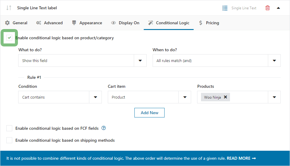 Conditional Logic settings in Flexible Checkout Fields