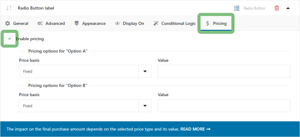 Activating the "Enable Pricing" option on the example of the "Radio" field