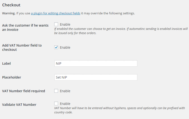 Checkout settings