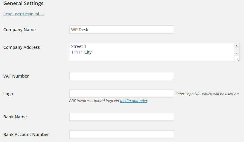 Wordpress Invoices general settings