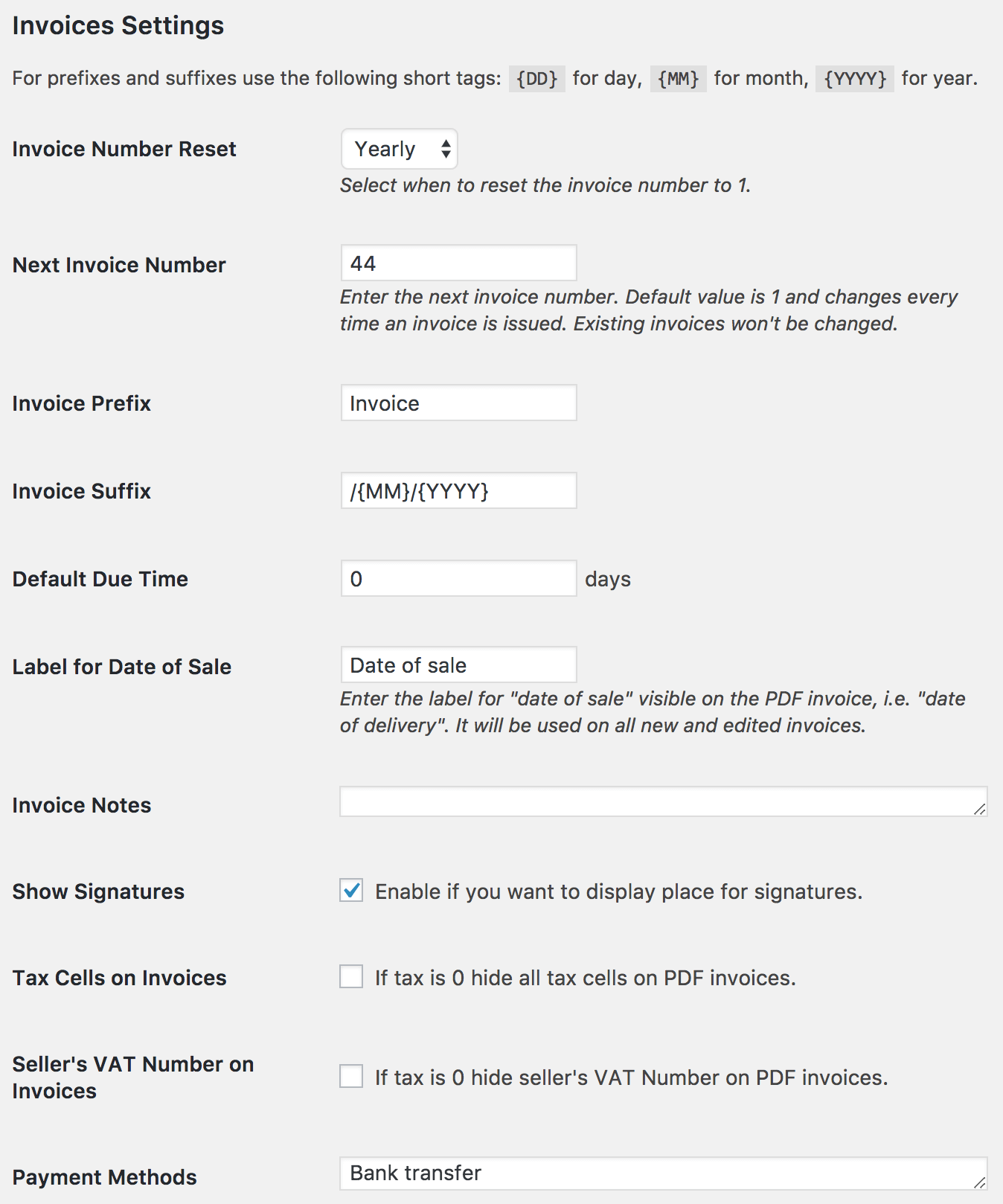 Flexible Invoices for WordPress - Invoices Settings