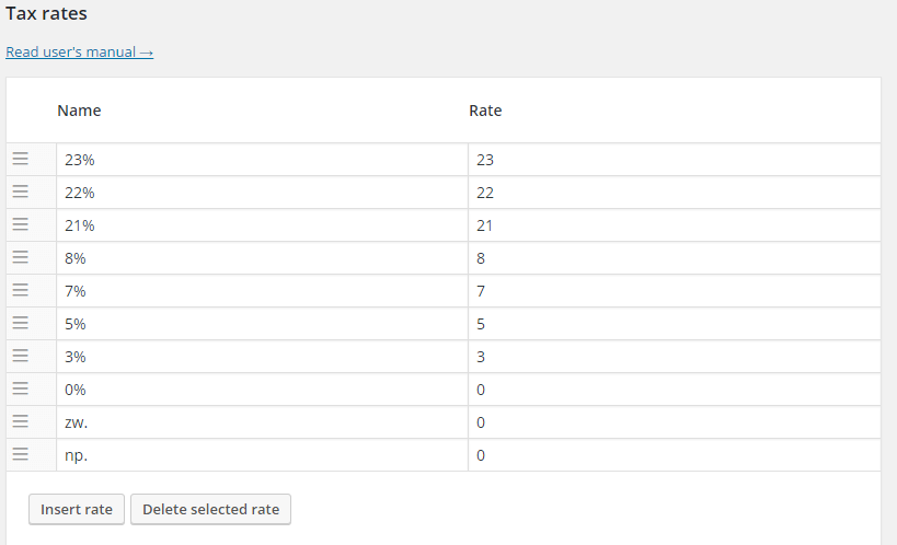 Tax Rates settings