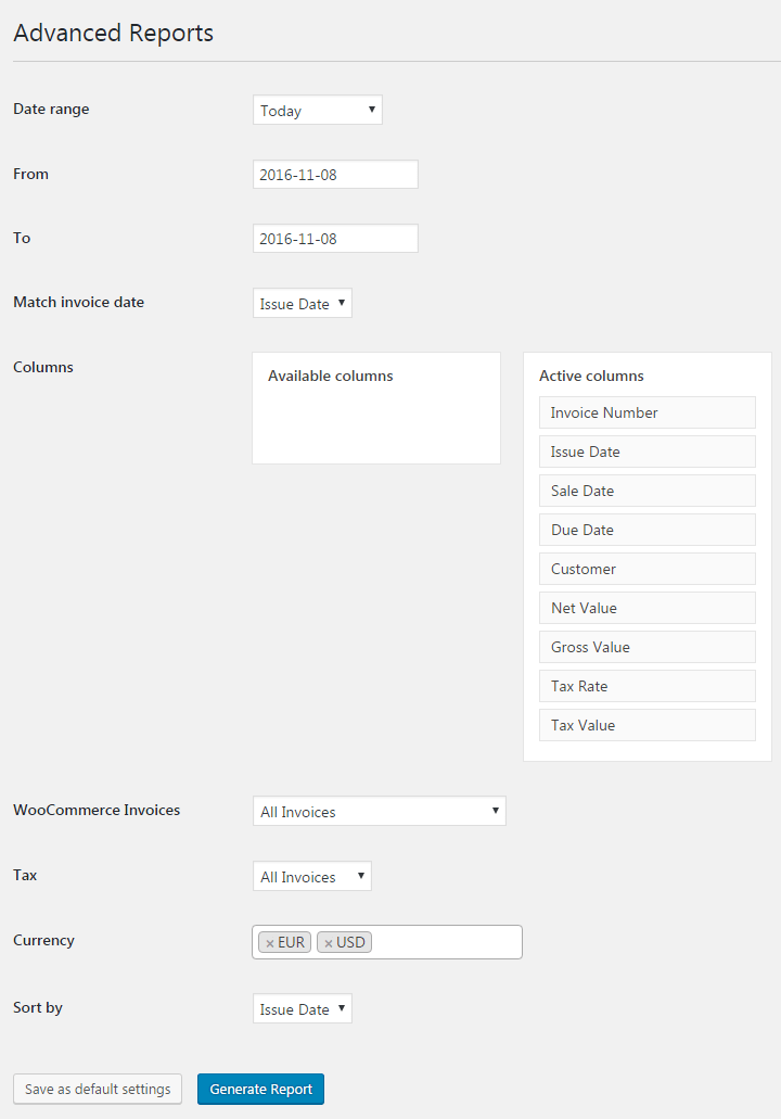 Flexible Invoices Advanced Reports - Settings
