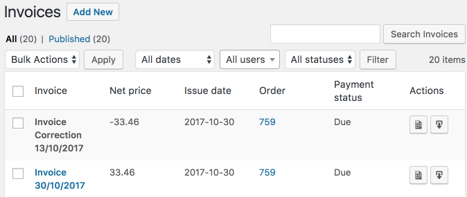 Flexible Invoices for WooCommerce - Correction on list of Invoices