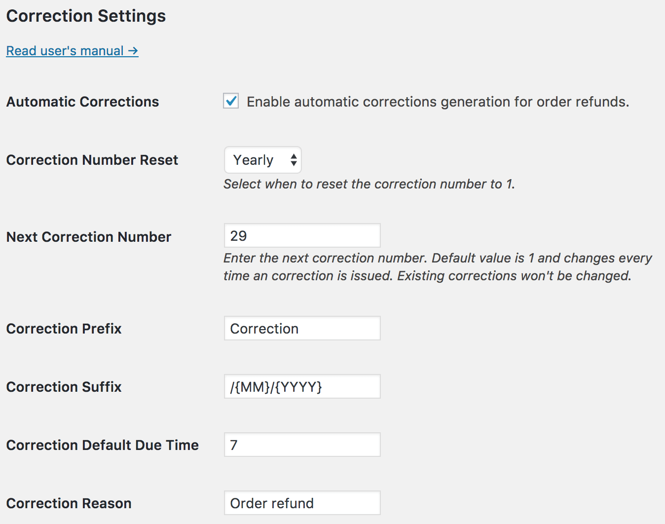 Flexible Invoices for WooCommerce - Correction settings
