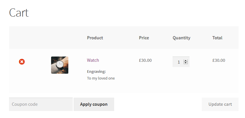 WooCommerce Product Engraving - cart page