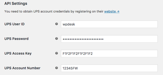 WooCommerce UPS plugin - API settings (screenshot)