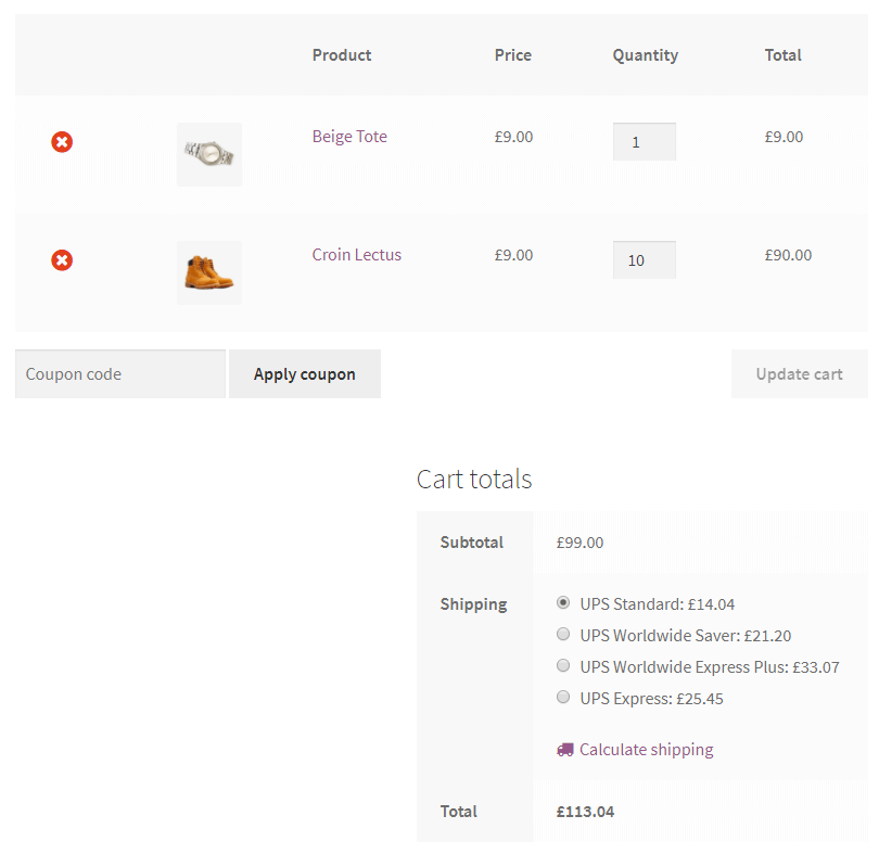 UPS live calculation in WooCommerce - cart page (screenshot)