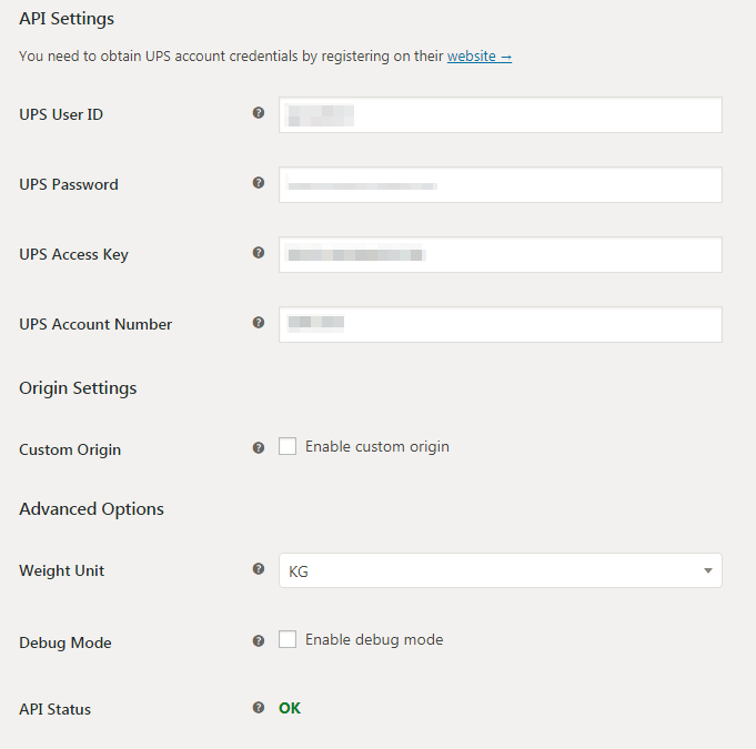 API Settings - UPS WooCommerce shipping plugin (screenshot)