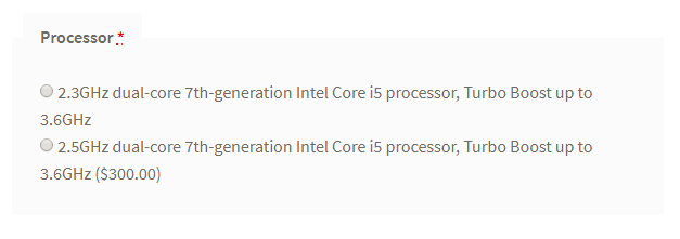 Processor field on the product page