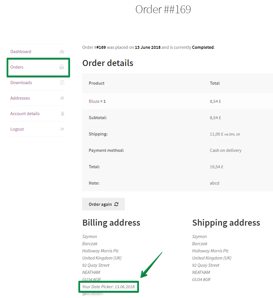 Order Details in My Account