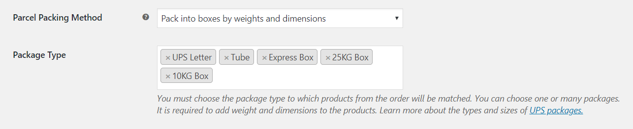 UPS WooCommerce PRO - box packing of WooCommerce order settings