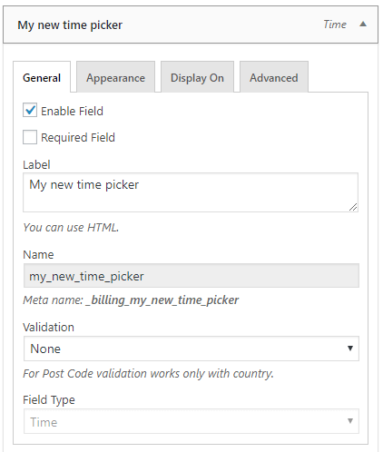 General settings of new custom checkout field