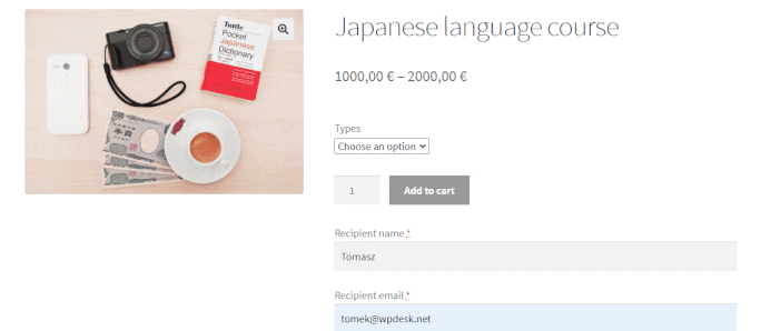 Buying the gift card for a language course in WooCommerce
