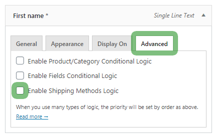 Flexible Checkout Fields advanced tab - show or hide a checkout field