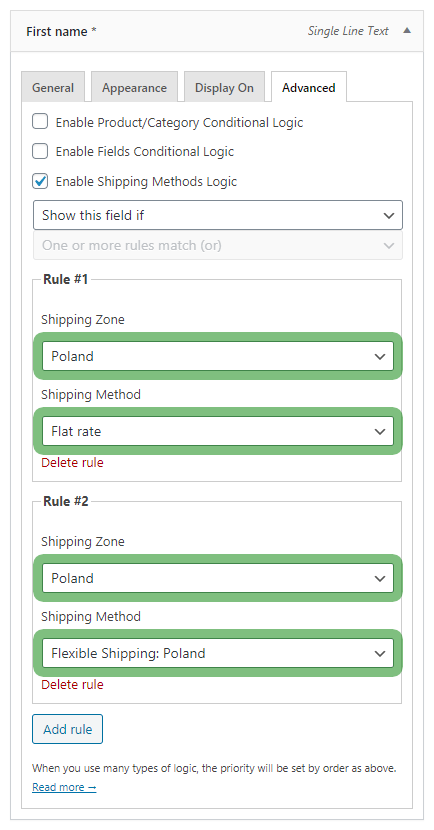 Flexible Checkout Fields shipping methods logic rules - show or hide a checkout field