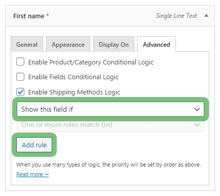 Flexible Checkout Fields shipping methods logic - show or hide a checkout field