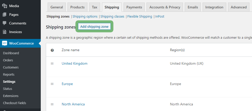 WooCommerce new shipping zone