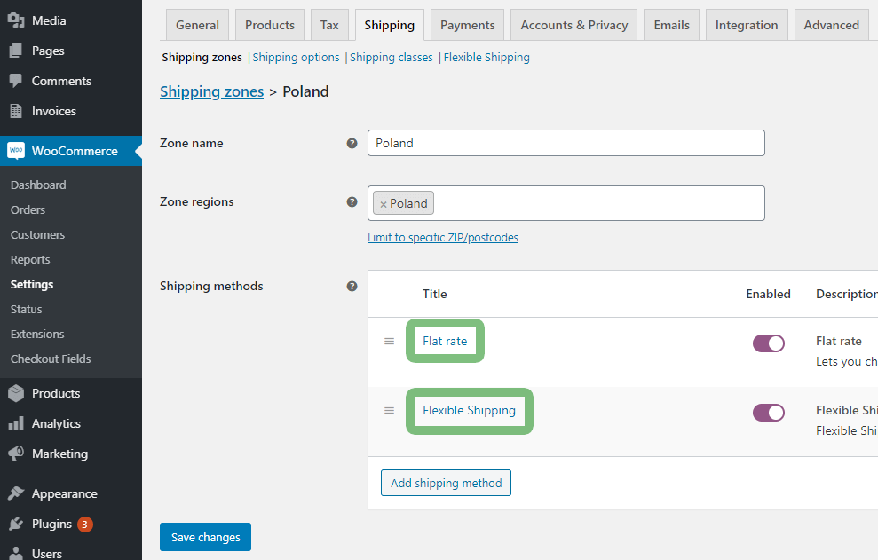WooCommerce shipping methods options