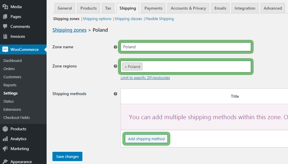 WooCommerce shipping zone setup