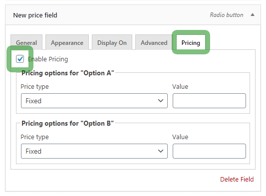 Activating the "Enable Pricing" option on the example of the "Radio" field