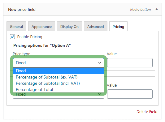 List of available price types