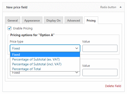 Price types for a paid field in the form