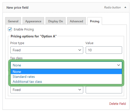 Setting up the tax class of the price field