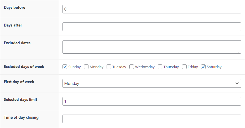 Flexible Product Fields - Excluded days of week