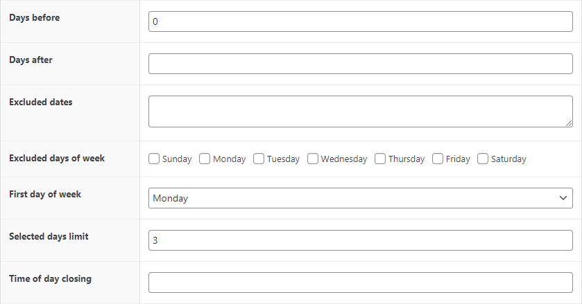 Flexible Product Fields - Selected days limit