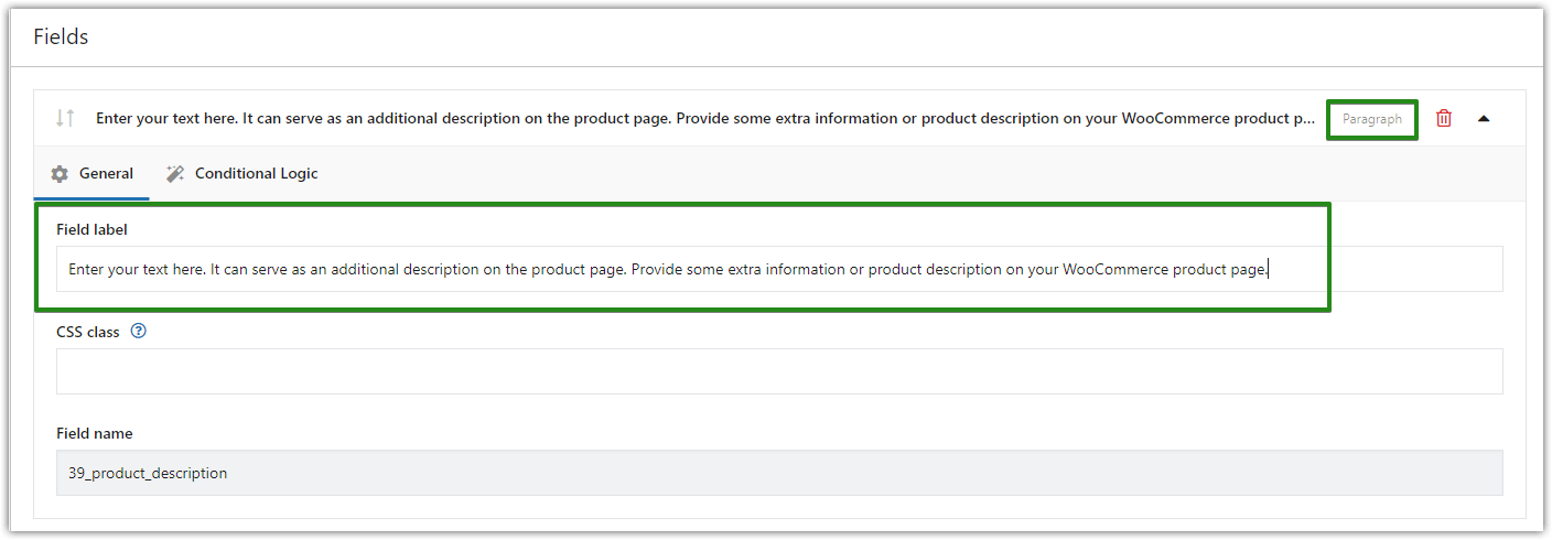 Customize WooCommerce product page: edit paragraph text field