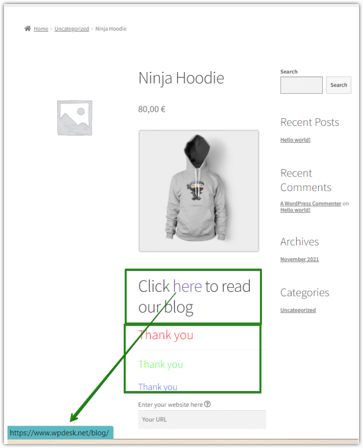WooCommerce product page: HTML text field