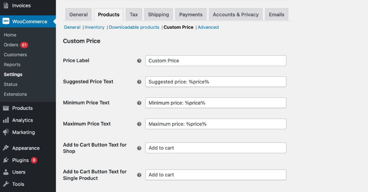 Custom Price for WooCommerce - main settings