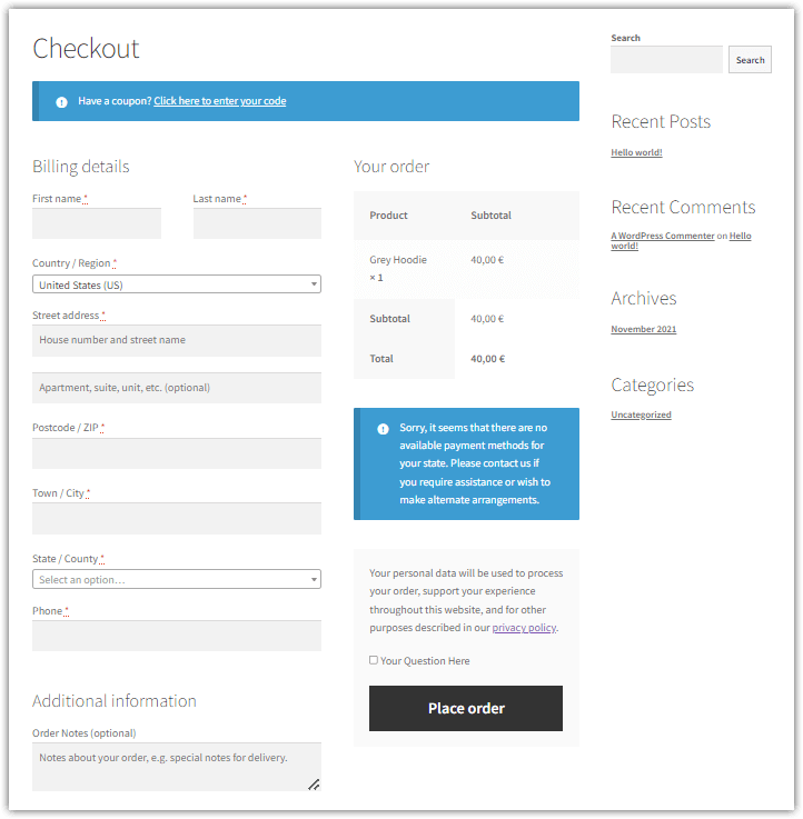 checkout page - default configuration