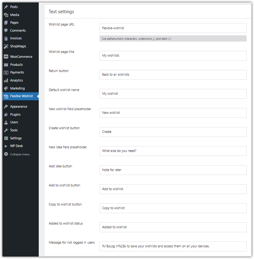 wishlist text settings