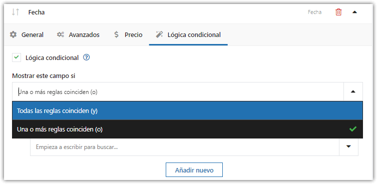 logica condicional manager de campos de productos